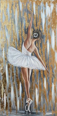 a painting of a ballerina in white and gold