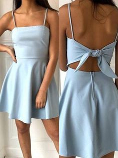 Light Blue Homecoming Dresses, Graduation Pics, Mini Homecoming Dresses, Professional Dress, Satin Homecoming Dress, Prom Dresses With Pockets, Princess Sleeves, Blue Homecoming Dresses, Dress Bow