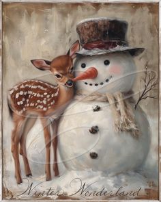 a painting of a deer and a snowman