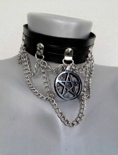 Handcrafted gothic leather choker with chains and pentagram. Pentagram is cast from epoxy resin, 30 mm in diameter. The choker comes with an adjustable buckle in the back. Contact me with your neck measurements when you purchase. Goth Punk Accessories, Gothic Metal Choker For Concerts, Adjustable Metal Choker For Cosplay, Gothic Chain Choker For Concerts, Alternative Metal Choker For Cosplay, Silver Gothic Choker For Concert, Adjustable Grunge Chain Choker, Adjustable Gothic Choker With Chain, Adjustable Gothic Chain Choker