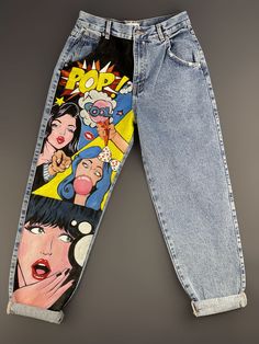 Hand painted pop art high waist basic slouchy jeans DON'T WORRY ABOUT SIZING, WE WILL CONTACT YOU TO GET YOUR ACCURATE SIZE ! * Customise design: Welcome to the Sui Generis world where you can customise your denim trouser and change this simple-yet-stylish staple into a must-have item. While our designs are already super stylish, we recognise that sometimes you just want to make something your own. Which is why we offer you the opportunity to customise your own unique design, all you need to do is sending your design (using below link) or trouser and leave the rest to our talented artist! https://form.jotform.com/221317673660051 * Paint quality: We use high quality fabric paints and it consists of two primary layers, the paint is applied on second layer and fix it to ensure colour won't wa Painted Disney Jeans, Outfit Designs Art, Denim Art Jeans, Baggy Graphic Print Denim Jeans, Baggy Denim Jeans With Graphic Print, Retro Jeans With Graphic Print For Spring, Trendy Graphic Print Relaxed Fit Pants, Baggy Trendy Jeans With Graphic Print, Summer Baggy Jeans With Graphic Print