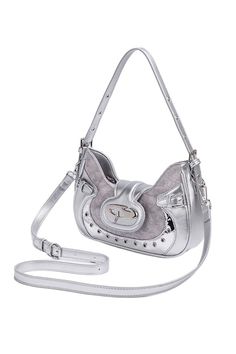 y2k silver shoulder bag, futuristic bag, baguette bag, cute bags, silver mini bags, 2000s fashion Trendy Silver Satchel For Travel, Luxury Silver Shoulder Bag Satchel, Silver Crossbody Satchel For Evening, Silver Satchel With Adjustable Strap For Travel, Luxury Silver Satchel Shoulder Bag, Silver Crossbody Baguette Bag For Evening, Silver Crossbody Satchel, Silver Travel Satchel With Adjustable Strap, Silver Leather Trendy Satchel