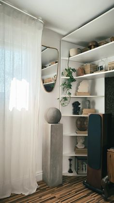 a living room filled with furniture next to a tall white book shelf covered in plants