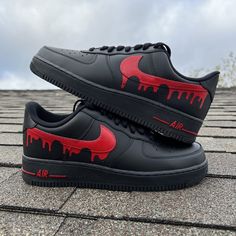 The Black Red Drip Custom Air Force 1 is a style statement that doesn't go unnoticed. Crafted from premium materials, these classic sneakers feature a sleek black and red dripping design that is sure to turn heads. The perfect combination of style and comfort, they're ideal for every day. Exactly as shown in the pictures. 📷 Brand New & Authentic. 💯 Hand Painted with attention to detail. 👨‍🎨 Waterproof and Flexible. ❤️ Unisex model. Please refer to the Size Chart. 👟👫 Free Worldwide Ship Casual Red Custom Sneakers With Waterproof Paint, Red Waterproof Paint Custom Low-top Sneakers, Black Waterproof High-top Sneakers, Red Fade-resistant Custom Sneakers For Streetwear, Black Waterproof Sneakers For Sports, Red Fade-resistant Sneakers For Streetwear, Urban Red Custom Sneakers For Streetwear, Red Urban Custom Sneakers For Streetwear, Custom Black Sneakers With Waterproof Paint And Round Toe