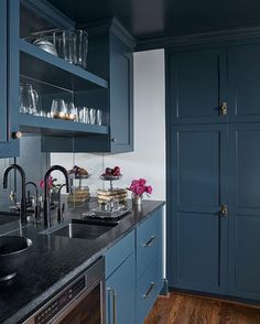 a kitchen with blue cabinets and stainless steel appliances