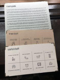 an open book with instructions on how to use the room guide and free stuff in it