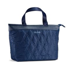 Spacious tote silhouette with full zippered closure + internal water bottle holder. Sophisticated diamond pattern with plush quilted nylon for extra insulating power. Elevated textured vegan leather accents. Luxurious satin nylon carry handle. Elegant Silver hardware details and signature embroidered logo. Easy to clean PEVA liner protects from spills and high quality closed cell foam insulation offers maximum cooling. Kit includes Sandwich container and (2) side containers that are BPA free, di Blue Quilted Nylon Bags, Quilted Bag Patterns, Sandwich Container, Water Bottle Holder, Closed Cell Foam, Professional Bag, Foam Insulation, Water Bottle Holders, Bottle Holder