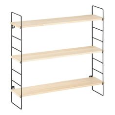 three tiered shelving unit with black metal frame and natural wood shelves, isolated against a white background