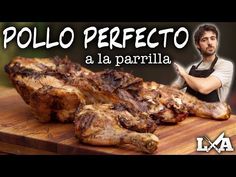 a man standing in front of a wooden cutting board with meat on top of it