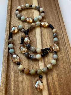 Jasper, glass and metal beaded 22" necklace with 7" bracelet Necklace Inspiration, Diy Leather Earrings, Necklace And Bracelet Set, Long Necklaces, Jasper Necklace, Necklace And Bracelet, Beaded Necklaces, Leather Diy, Leather Earrings