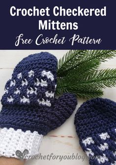 two crocheted mittens sitting on top of a table next to a pine tree