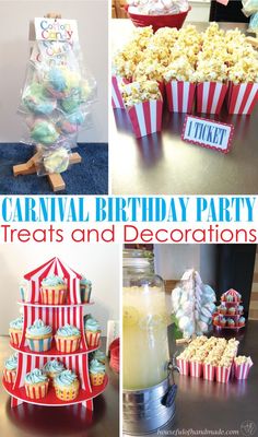 carnival birthday party treats and decorations including popcorns, cupcakes, candy bars