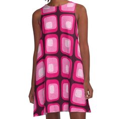 Loose-fit, mid-length sleeveless dress with silky handfeel. Printed on both sides. Machine washable. Size range XS-2XL. 60s Mod pattern of squares in different shades of pink, with a distressed effect all over. Dark pink background. Mod Style A-line Dress With Retro Print, Retro A-line Sleeveless Dress, Mod A-line Dress With Retro Print, Pink Casual Dress With Retro Print, Casual Pink Dress With Retro Print, Retro A-line Sleeveless Party Dress, Retro Print A-line Mini Dress, Sleeveless Retro Mini Dress With Retro Print, Pink Sleeveless Dress With Retro Print