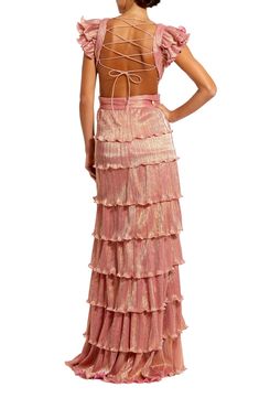 Sparkling and impeccably structured, this gown is absolutely stunning from its flirty back cutout to the ruffled tiers that detail the sleeves and A-line skirt. 63" length Deep V-neck Short sleeves Lined Asian Owned/Founded 100% polyester Spot clean Imported Coral Floral Dress, Feminine Peach Maxi Dress With Ruffles, Luxury Peach Ruffled Dress, Mac Duggal Ruffle Dress, Red Carpet Dresses Prom, Tiered Gown, Neutral Dresses, Bodycon Evening Dress, Designer Formal Dresses