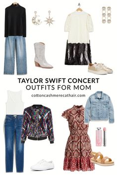 Taylor Swift Concert Outfits for Mom | The Eras Tour Outfit Ideas | Cotton Cashmere Cat Hair Taylor Swift Outfit Ideas For Moms, Moms Eras Tour Outfits, Mom Outfits For Eras Tour, Taylor Swift Eras Tour Outfits Ideas For Moms, Eras Tour Outfit Ideas Mom, Taylor Swift Concert Mom Outfit, Taylor Swift Mom Outfit, Mom Taylor Swift Outfits, Mom Outfit Taylor Swift Concert