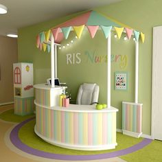 a brightly colored children's play room with a carousel