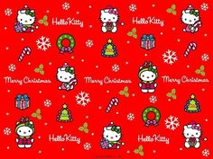 the hello kitty christmas wallpaper is red and has snowflakes, candy canes, santa hats, bells, and other holiday decorations