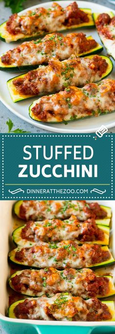 stuffed zucchini with meat and cheese in a blue casserole dish on a white plate