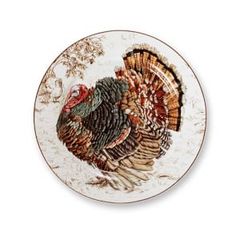 a white plate with a turkey on it