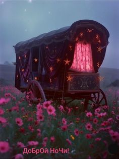 a horse drawn carriage in a field with pink flowers and stars on the curtained windows