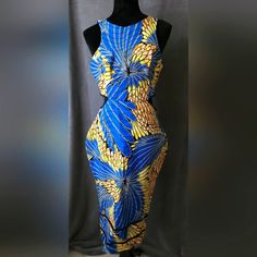 Custom-Made By Nigerian Designer. African Print Cut-Out Dress. Knee-Length. Never Worn And In Excellent Condition. No Stretch. Size 8 Orange Cut, Blue Yellow Orange, Size 8 Dress, Cutout Dress, Yellow Orange, African Print, Print And Cut, Yellow Blue, Blue Yellow