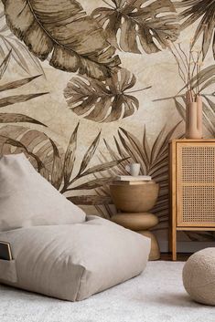 a living room with wallpaper and furniture