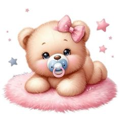 a brown teddy bear sitting on top of a pink blanket with a pacifier in its mouth