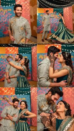 the couple is posing for pictures together in their wedding photobooting outfits, and smiling at each other