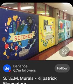 an image of a school hallway with the words science on it and images of different subjects painted on the wall