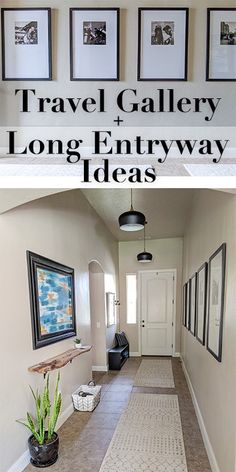 an entry way with pictures on the wall, and a hallway leading to another room