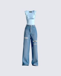 Even on the more casual days, you deserve to look your best 💙 Take on every day with a sense of style in this 2 piece set. Featuring a baby blue jersey cut-out top, and distressed jeans 👏🏼 Baby Blue Top Outfit, Blue Casual Outfit, Blue Outfit Ideas, All Blue Outfit, Baby Blue Outfit, Jeans And Top, Future Of Fashion, Welcome To The Future, Blue Jersey