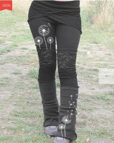 Bamboo Leggings, Dandelion Print, Look Legging, Polyester Pants, Lace Patchwork, Printed Jumpsuit, Lace Fashion, Look Cool, Black Leggings