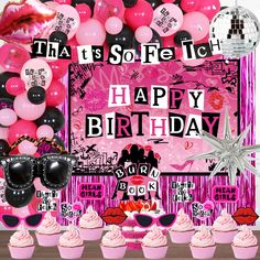 this is a birthday party with pink and black balloons, cupcakes, and decorations