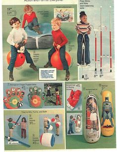 an advertisement for toys from the sears catalog shows children playing on inflatable objects