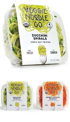 three packages of veggie noodle go are shown in different colors and sizes