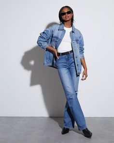 Influencer Oversized Denim Jacket Trendy Collared Medium Wash Denim Jacket, Trendy Medium Wash Denim Shacket, Oversized Light Wash Collared Denim Jacket, Chic Denim Outerwear With Frayed Hem, Relaxed Fit Collared Denim Jacket, Collared Medium Wash Denim Jacket For Fall, Chic Collared Denim Jacket, Chic Oversized Denim Blue Denim Jacket, Classic Oversized Denim Jacket