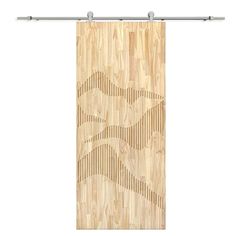 a wooden door with black metal handles and an abstract design on the front panel, hanging from