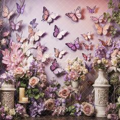 a bunch of vases with flowers and butterflies on the wall behind them in front of a purple background