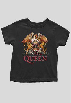 Must Have item for any Little Rocker! An officially licensed Tee featuring the Queen 'Classic Crest' design motif. Soft-style cotton toddler's tee featuring short sleeves and crew neck collar from 12 months through 5 years old. This high quality Tee is available in a black colourway. Crest Logo, Logo T Shirt, The Queen, Toddler Outfits