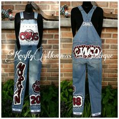 Custom Homecoming Overalls KraftyMommas Boutique decorated spirit Www.kraftymommas.blogspot.com Homecoming Pants Decorated, Overalls Senior Homecoming, Decorated Overalls Homecoming, Spirit Overalls Diy High Schools, Homecoming Overalls Senior White, School Spirit Overalls Homecoming, High School Homecoming