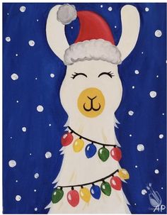 an acrylic painting of a llama wearing a santa hat with christmas lights