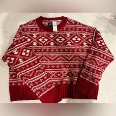 Festive Red And White Sweater. Casual Red Fair Isle Pattern Tops, Red And White Sweater, Aztec Print Sweater, Purple Crewneck, Camo Sweater, Mesh Sweater, Mock Turtleneck Sweater, Rainbow Sweater, Waffle Knit Sweater