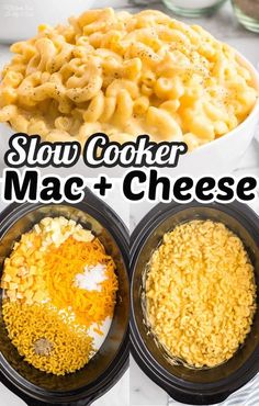 slow cooker macaroni and cheese in three different bowls with text overlay