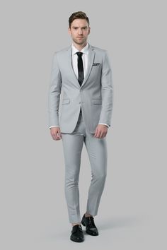 The Prague Gray Notch Lapel Tuxedo, Gray Business Casual Suits With Pressed Crease, Gray Notch Lapel Suit For Business Casual, Gray Slim Fit Suit For Business Casual, Professional Gray Suit With Notch Lapel, Gray Single Button Suit For Office, Modern Solid Color Suits For Business Casual, Modern Solid Suits With Notch Lapel, Modern Fitted Solid Suits