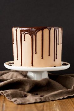 a close up of a cake on a plate with chocolate drizzle and icing