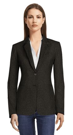 You will look gorgeous in this elegant ladies grey jacket with notch lapels. Wear it from office to party and pair it with different accessories for each occasion. Crafted by our artisans from Wool Blends cloth, this slim-fit 2 button/s grey blazer features a notch lapel.  At sumissura every single blazer is made to measure, so you can customize this design or you can create your own here: Blazers for Women. Grey Jacket Women, Custom Dress Shirts, Gold Blazer, Tweed Jackets, Seersucker Blazer, Summer Blazer, Design Your Own Shirt, Party Jackets, Elegant Jacket