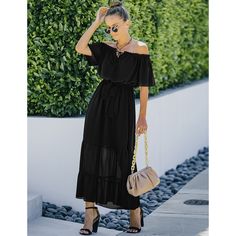 Black Off Shoulder Tie Waist Ruffle Maxi Dress Black Off-shoulder Maxi Dress With Ruffles, Chic Black Maxi Dress With Ruffle Hem, Black Off-shoulder Midi Dress With Ruffles, Casual Black Off-shoulder Maxi Dress, Black Chiffon Midi Dress With Ruffles, Casual Black Chiffon Maxi Dress, Casual Black Maxi Dress With Ruffles, Casual Black Maxi Dress With Ruffle Hem, Black Ruffle Hem Maxi Dress For Brunch