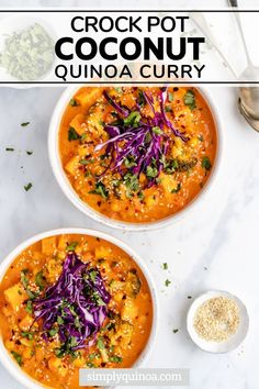 two bowls filled with crock pot coconut quinoa curry and garnished with red cabbage