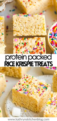 rice krispy treats with sprinkles are stacked on top of each other