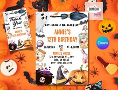 halloween party flyer with pumpkins, bats and ghost faces on an orange background surrounded by other items